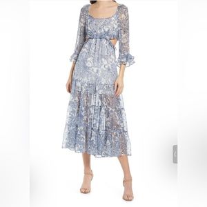 RAHI Womens Blue Tie Lined 3/4 Sleeve Midi Evening Fit + Flare Dress XS